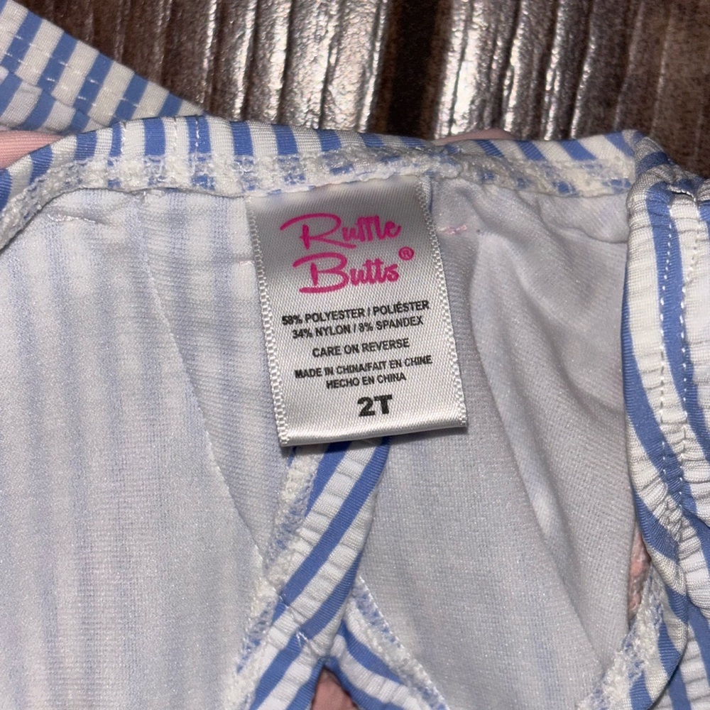 Ruffle Butts girls Blue Striped swimsuit with Pink Accents - Picture 3 of 3